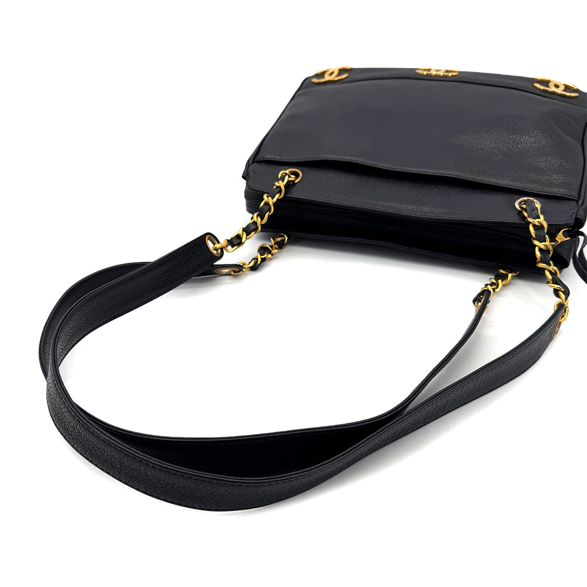 CHANEL VINTAGE TRIPLE COCO CHAIN TOTE BAG BLACK CAVIAR SKIN 90304692