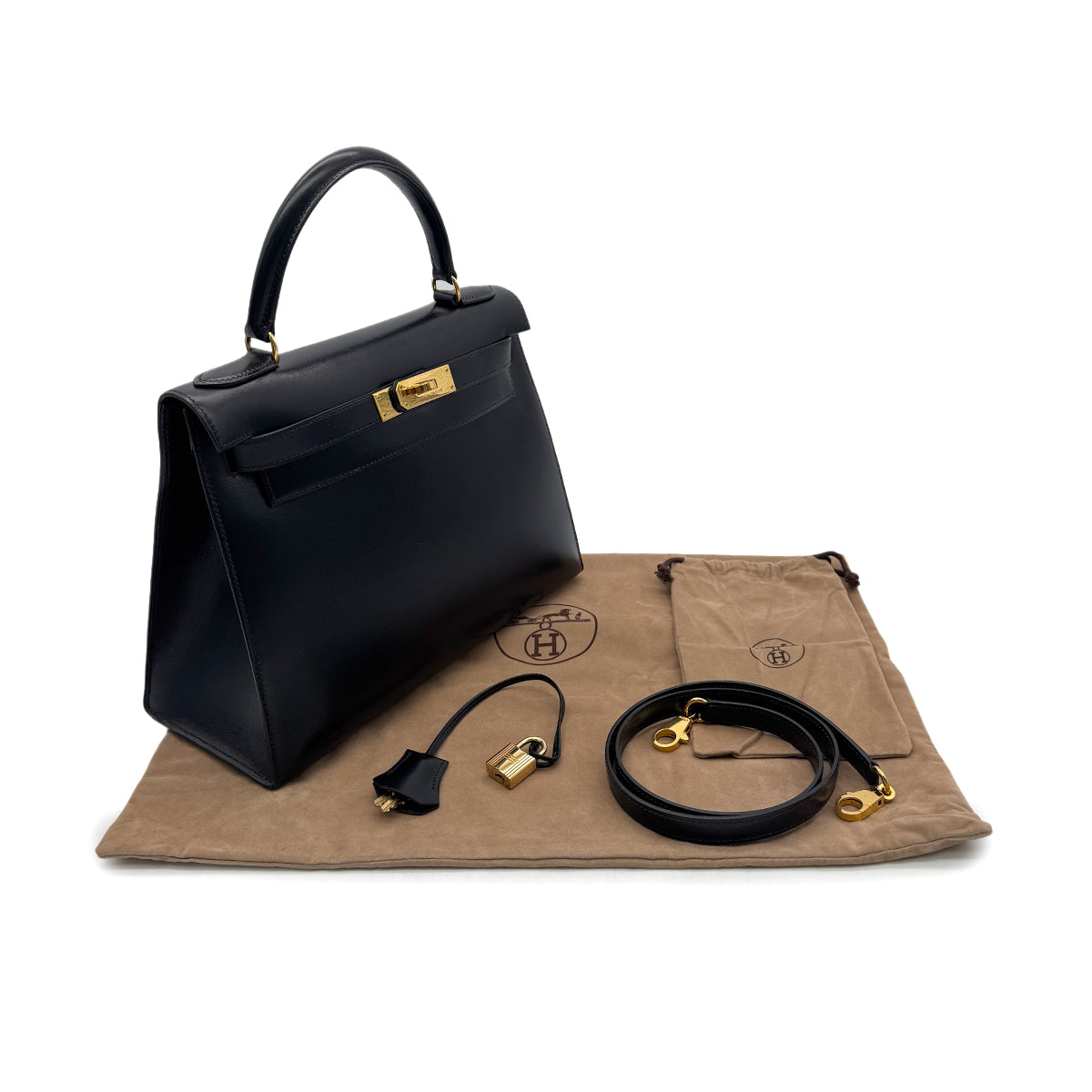 HERMES KELLY 28 SELLIER BLACK BOXCALF HAND SHOULDER BAG 〇X GHW 90304697 - PURPOSE