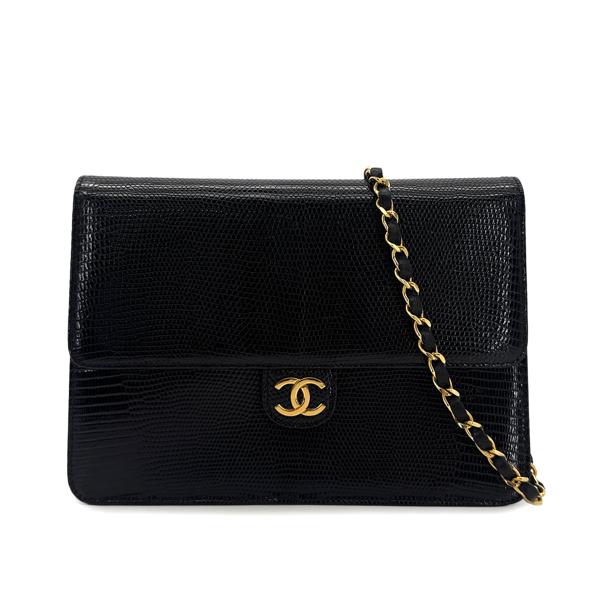 CHANEL VINTAGE CHAIN SHOULDER BAG BLACK LIZARD 90304712
