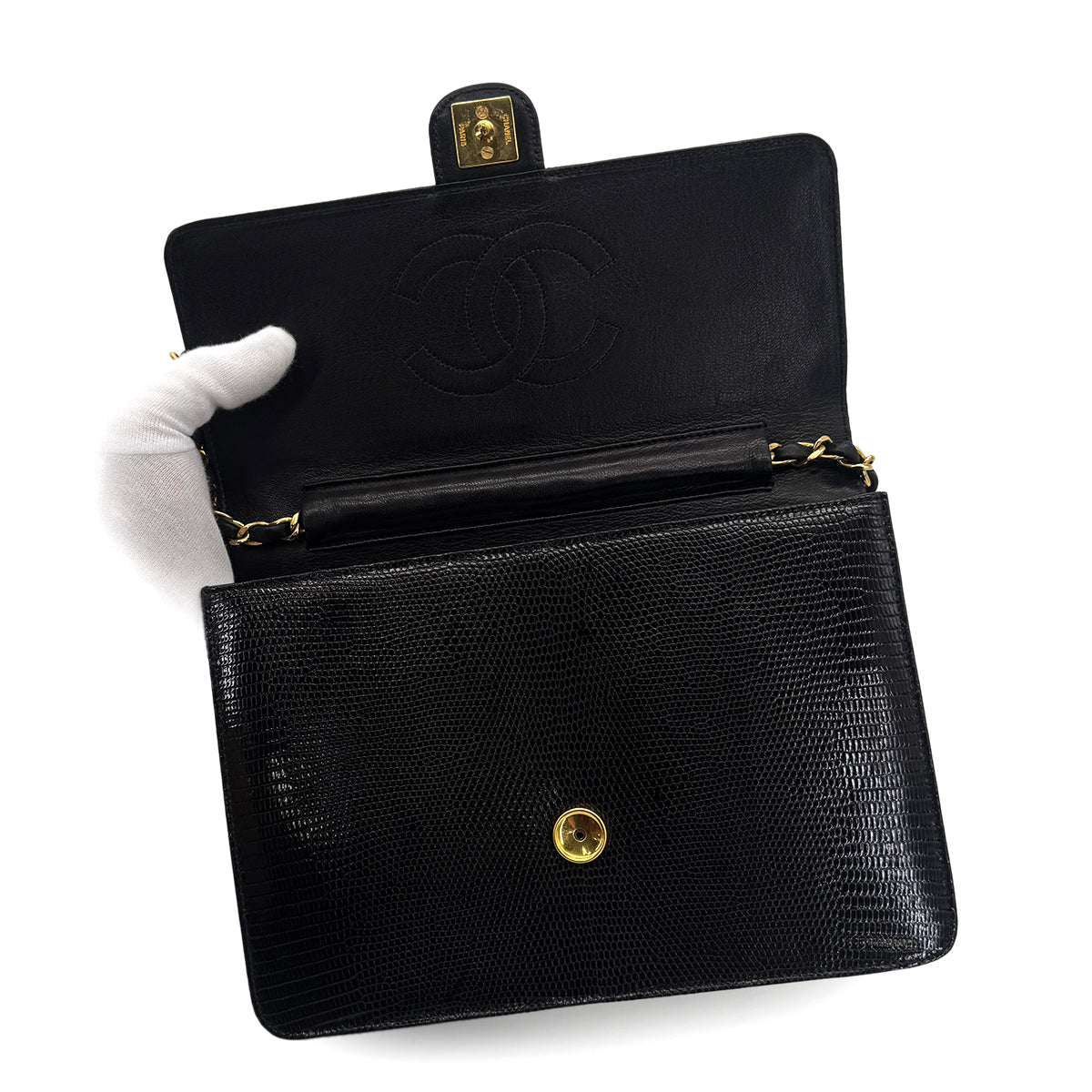 CHANEL VINTAGE CHAIN SHOULDER BAG BLACK LIZARD 90304712