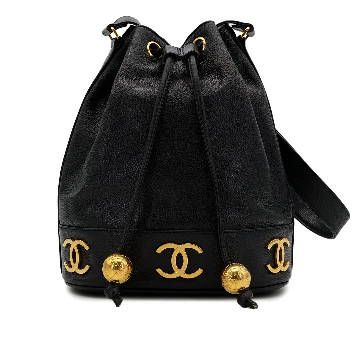 CHANEL VINTAGE TRIPLE COCOMARK DRAWSTRING CHAIN SHOULDER BAG BLACK CAVIAR SKIN 90305117