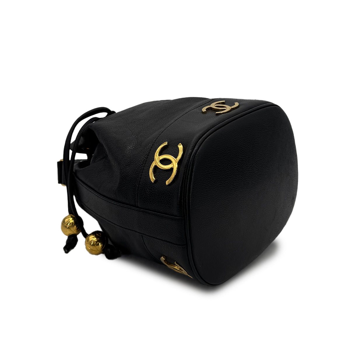 CHANEL VINTAGE TRIPLE COCOMARK DRAWSTRING CHAIN SHOULDER BAG BLACK CAVIAR SKIN 90305117