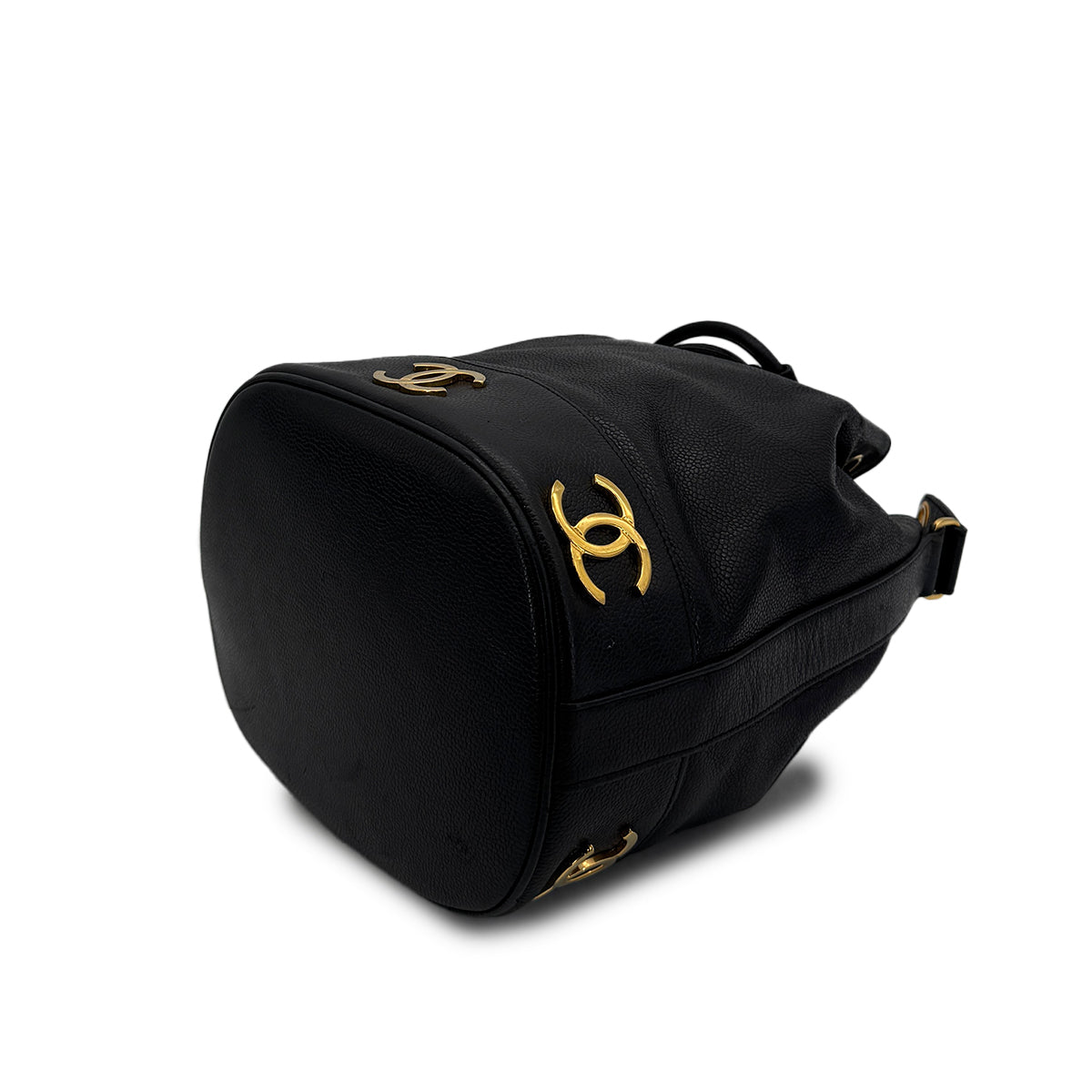 CHANEL VINTAGE TRIPLE COCOMARK DRAWSTRING CHAIN SHOULDER BAG BLACK CAVIAR SKIN 90305117