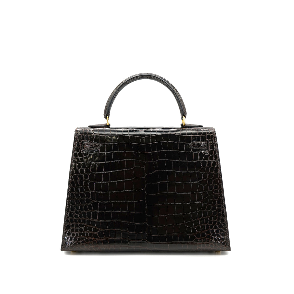 HERMES KELLY 25 SELLIER DARK BROWN POROSUS CROCODILE HAND SHOULDER BAG □C GHW 90305676