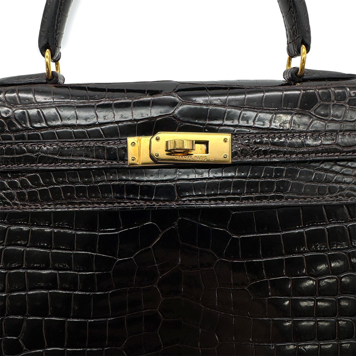 HERMES KELLY 25 SELLIER DARK BROWN POROSUS CROCODILE HAND SHOULDER BAG □C GHW 90305676