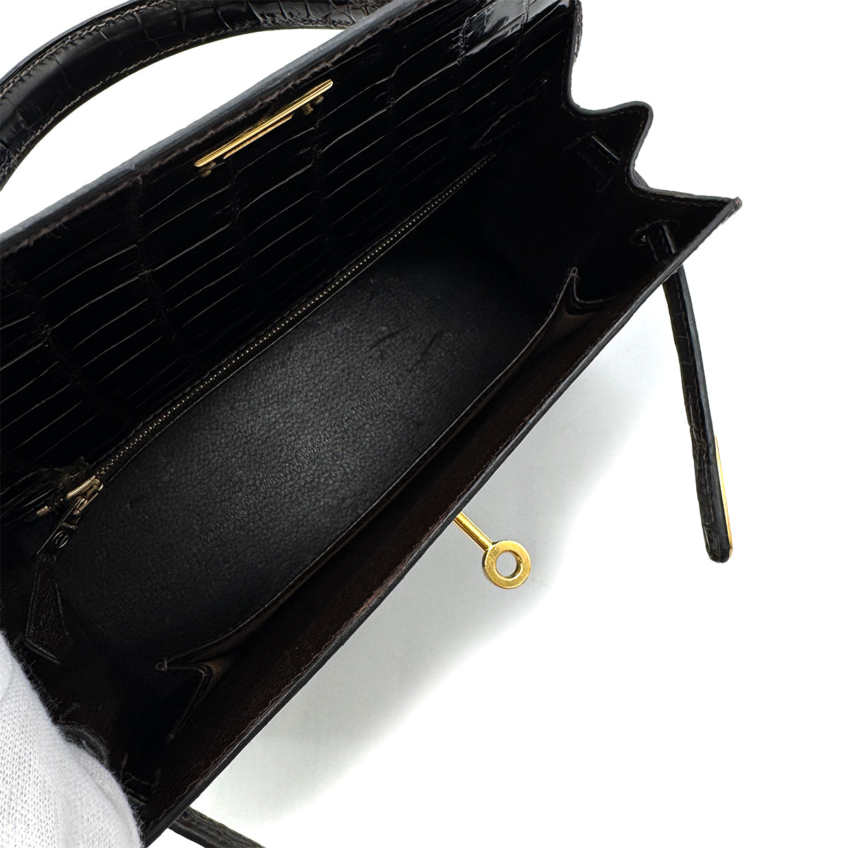 HERMES KELLY 25 SELLIER DARK BROWN POROSUS CROCODILE HAND SHOULDER BAG □C GHW 90305676