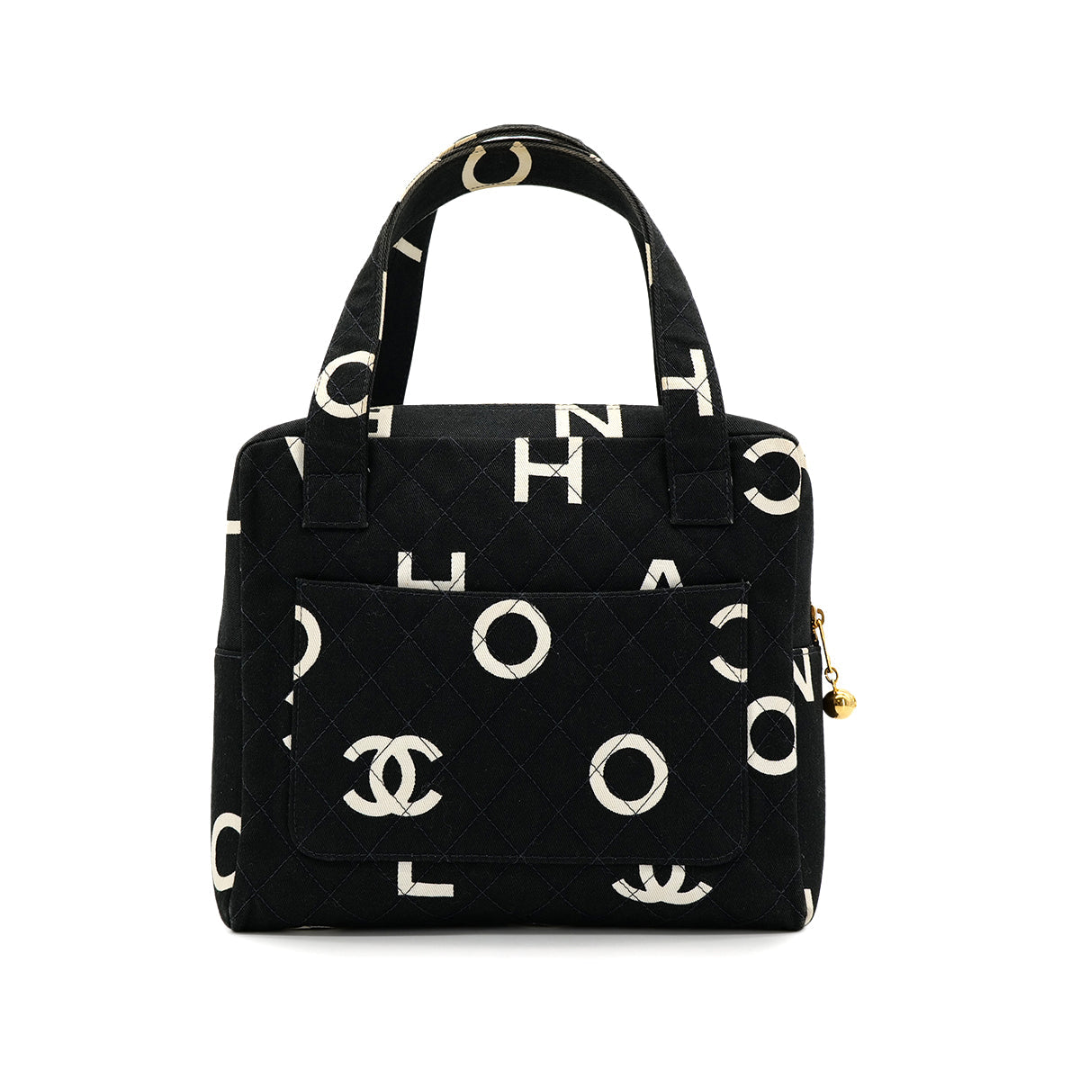 CHANEL VINTAGE MATELASSE LOGO HAND BAG BLACK WHITE CANVAS 90306000