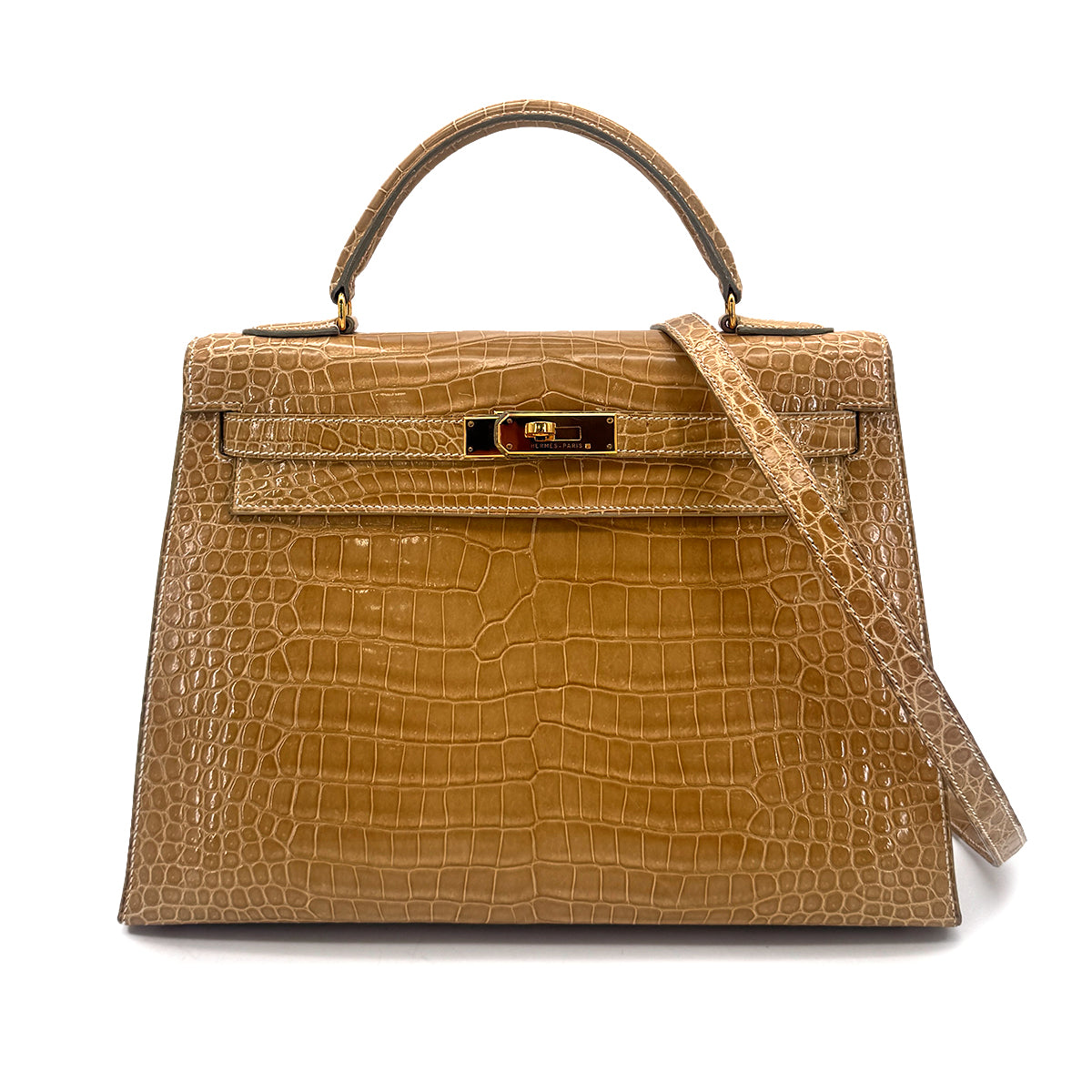 HERMES KELLY 35 SELLIER BEIGE ROSE POROSUS CROCODILE HAND SHOULDER BAG □C GHW 90306274