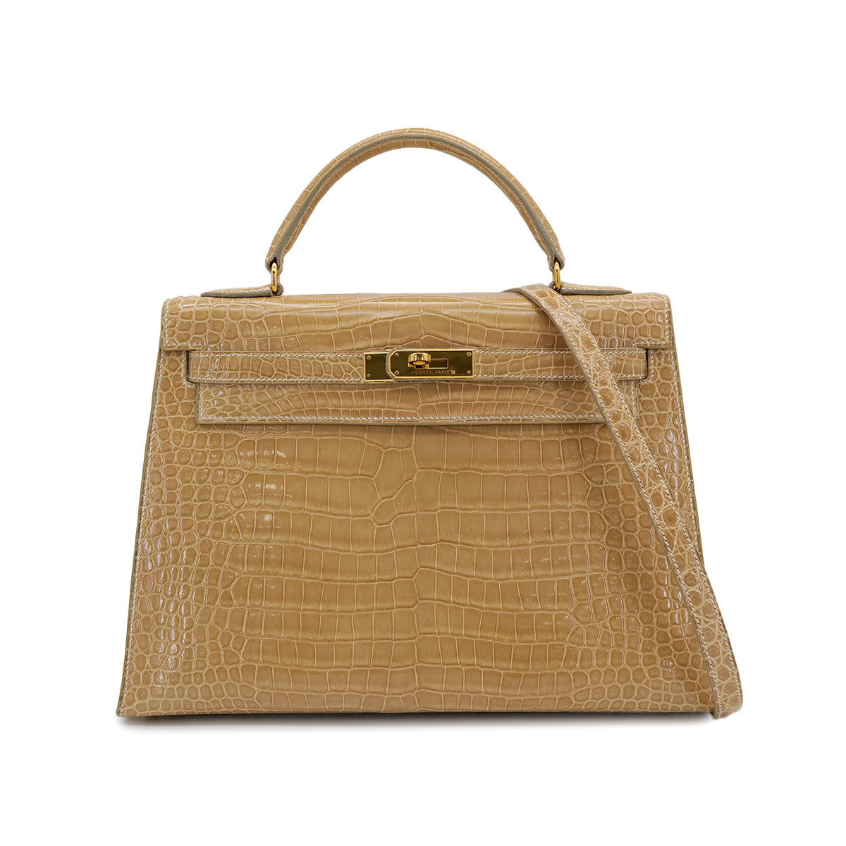 HERMES KELLY 32 SELLIER BEIGE ROSE CROCODILE POROSUS HAND SHOULDER BAG □C GHW 90306274 - PURPOSE