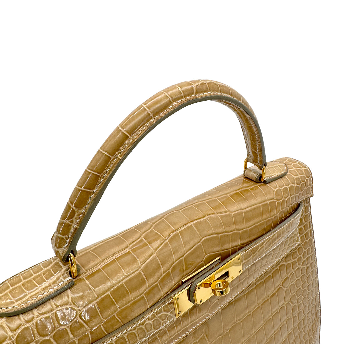 HERMES KELLY 32 SELLIER BEIGE ROSE CROCODILE POROSUS HAND SHOULDER BAG □C GHW 90306274 - PURPOSE