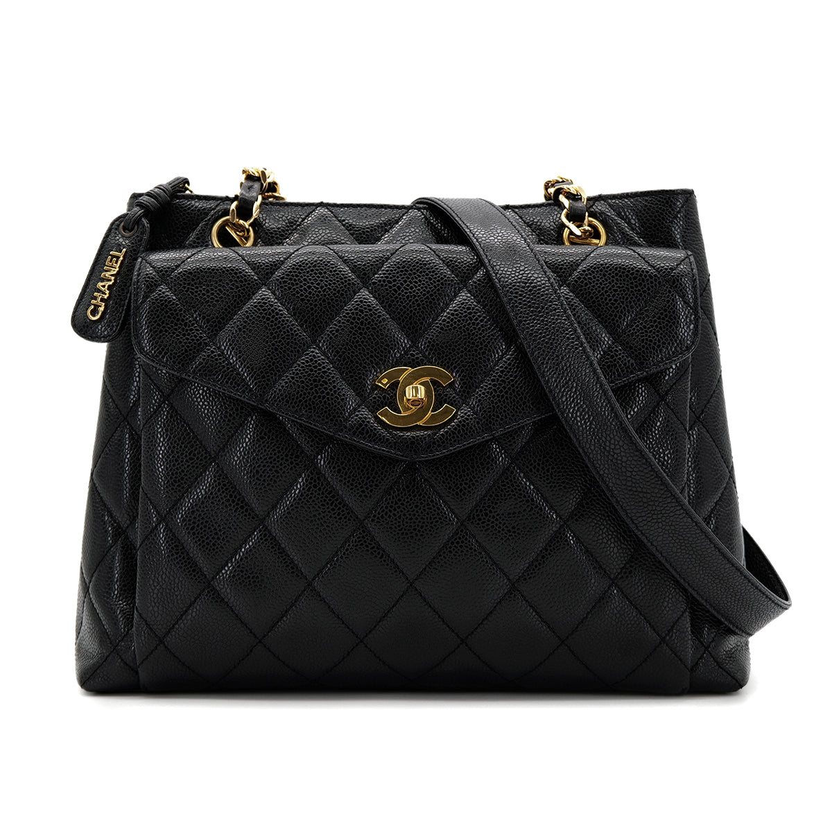 CHANEL VINTAGE MATELLASSE TURN LOCK CHAIN TOTE BAG BLACK CAVIAR SKIN 90306385