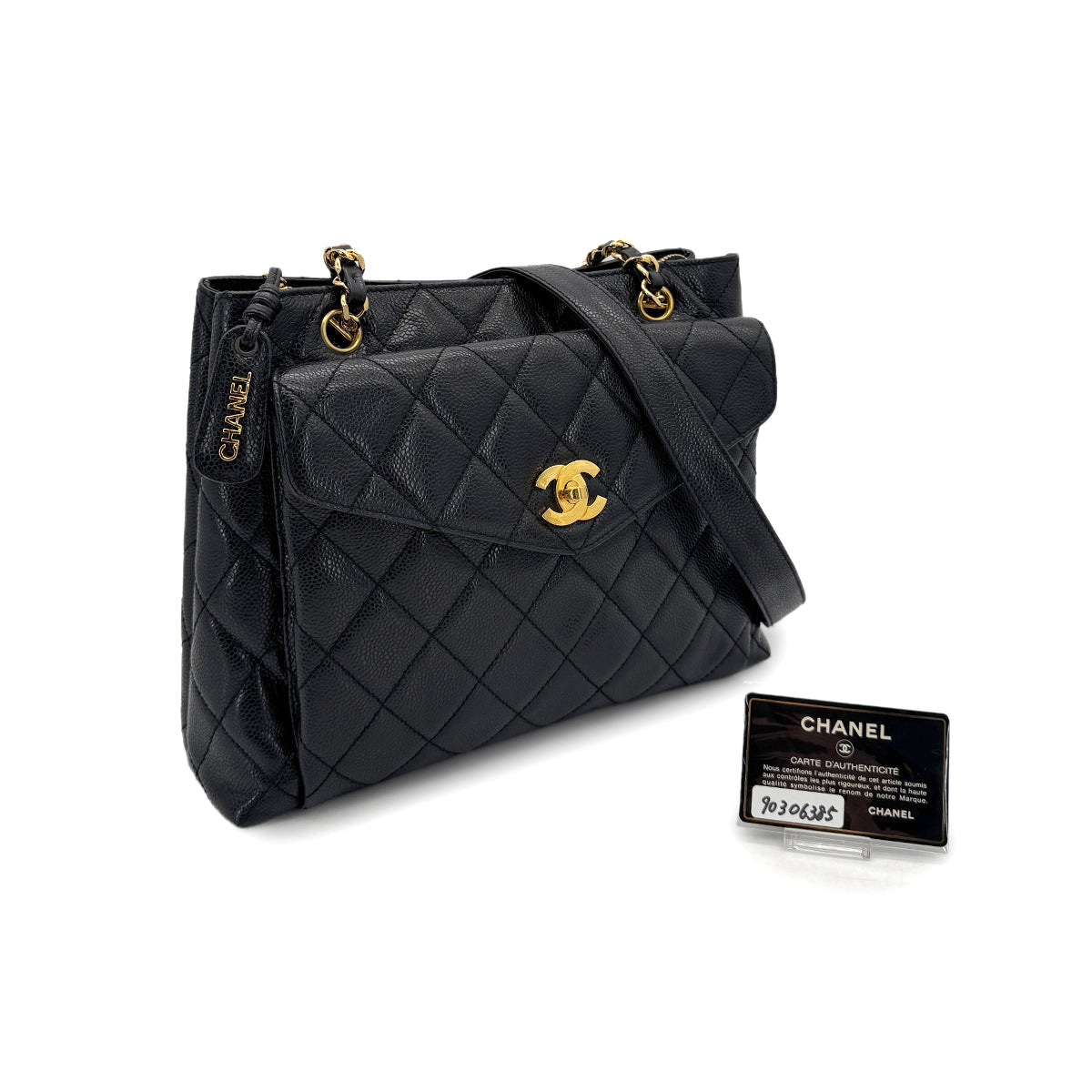 CHANEL VINTAGE MATELLASSE TURN LOCK CHAIN TOTE BAG BLACK CAVIAR SKIN 90306385