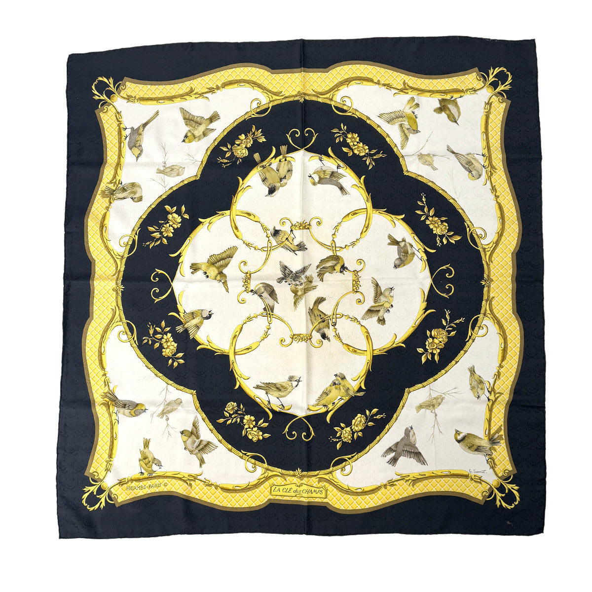 HERMES CARRE 90 LA CLE DES CHAMPS SCARF SILK BLACK YELLOW 90306515