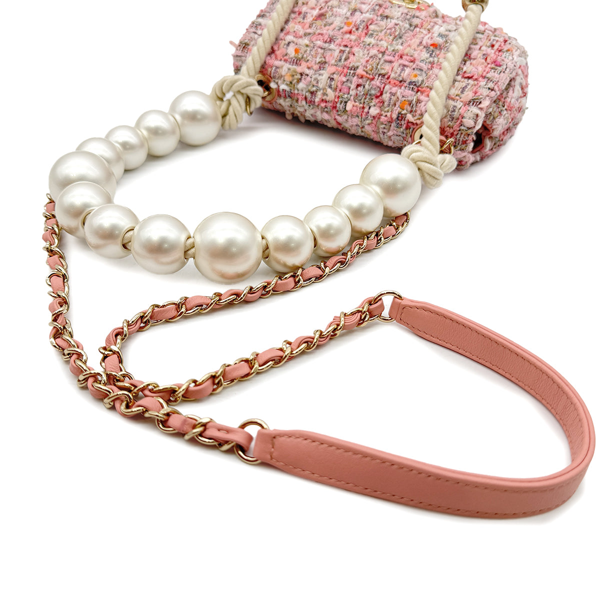 CHANEL MINI MATELASSE FAUX PEARL CHAIN HAND SHOULDER BAG PINK TWEED 90306516