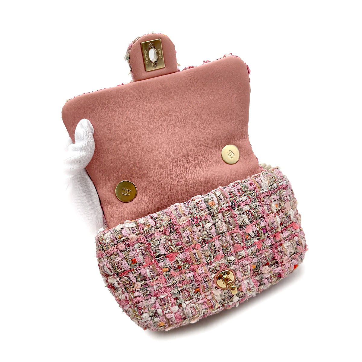 CHANEL MINI MATELASSE FAUX PEARL CHAIN HAND SHOULDER BAG PINK TWEED 90306516