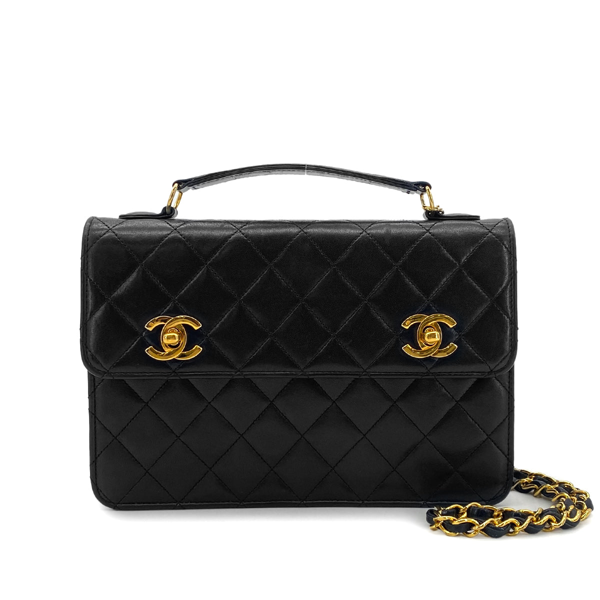 CHANEL VINTAGE DOUBLE TURN LOCK MATELASSE CHAIN SHOULDER HAND BAG BLACK LAMB SKIN 90306569