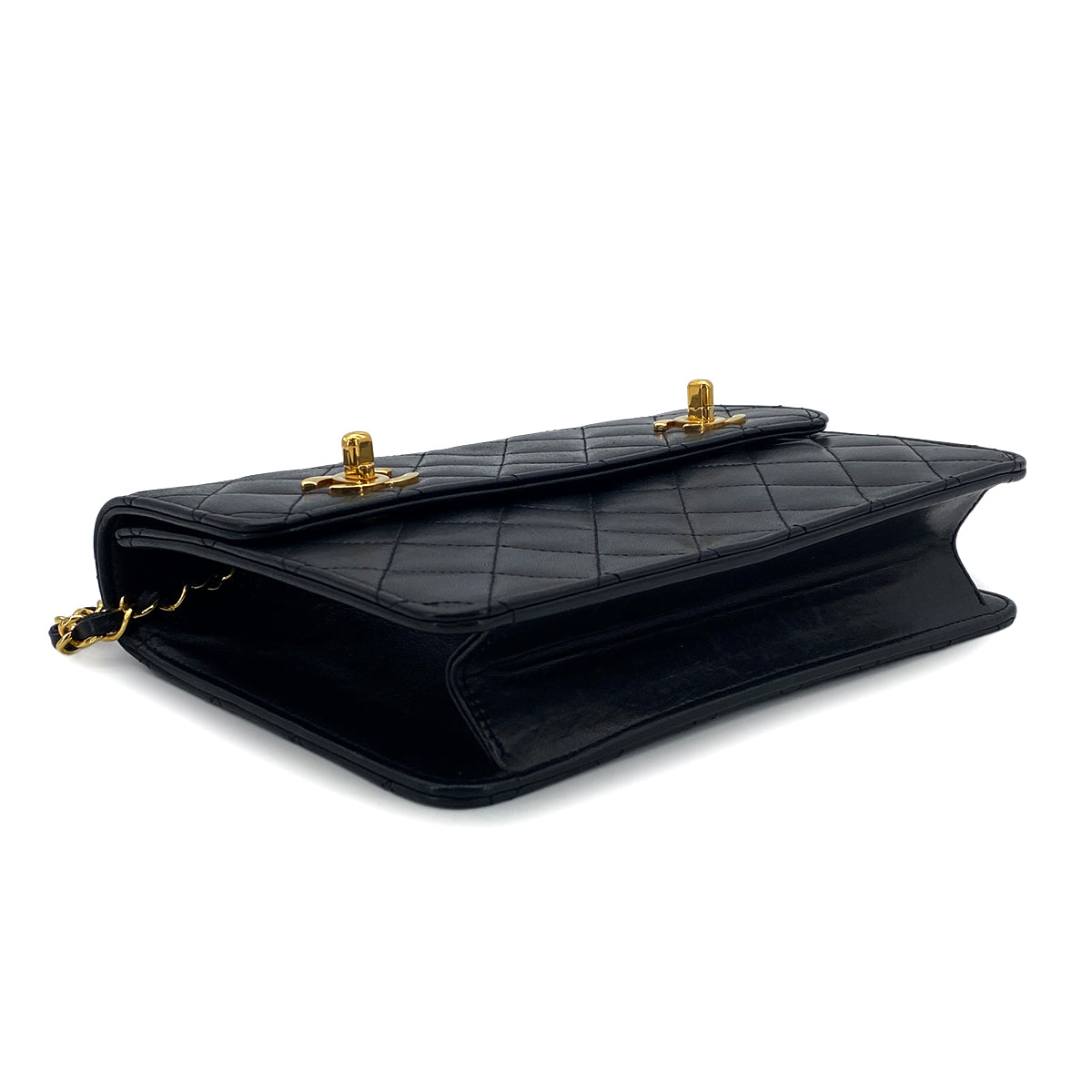 CHANEL VINTAGE DOUBLE TURN LOCK MATELASSE CHAIN SHOULDER HAND BAG BLACK LAMB SKIN 90306569