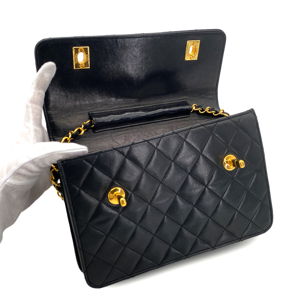 CHANEL VINTAGE DOUBLE TURN LOCK MATELASSE CHAIN SHOULDER HAND BAG BLACK LAMB SKIN 90306569