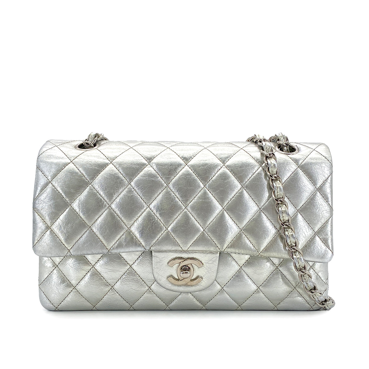 CHANEL VINTAGE MATELASSE CHAIN SHOULDER BAG SILVER LEATHER 90307026