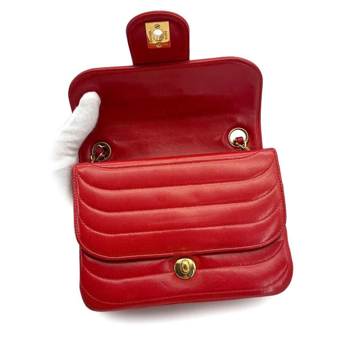 CHANEL VINTAGE MADEMOISELLE CHAIN SHOULDER BAG RED LAMB SKIN 90308988