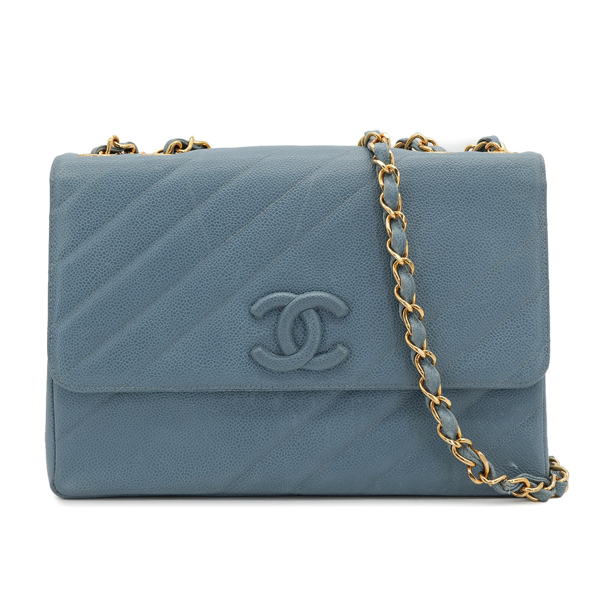CHANEL VINTAGE BIAS STITCH CHAIN SHOULDER BAG BLUE CAVIAR SKIN 90310126 - PURPOSE