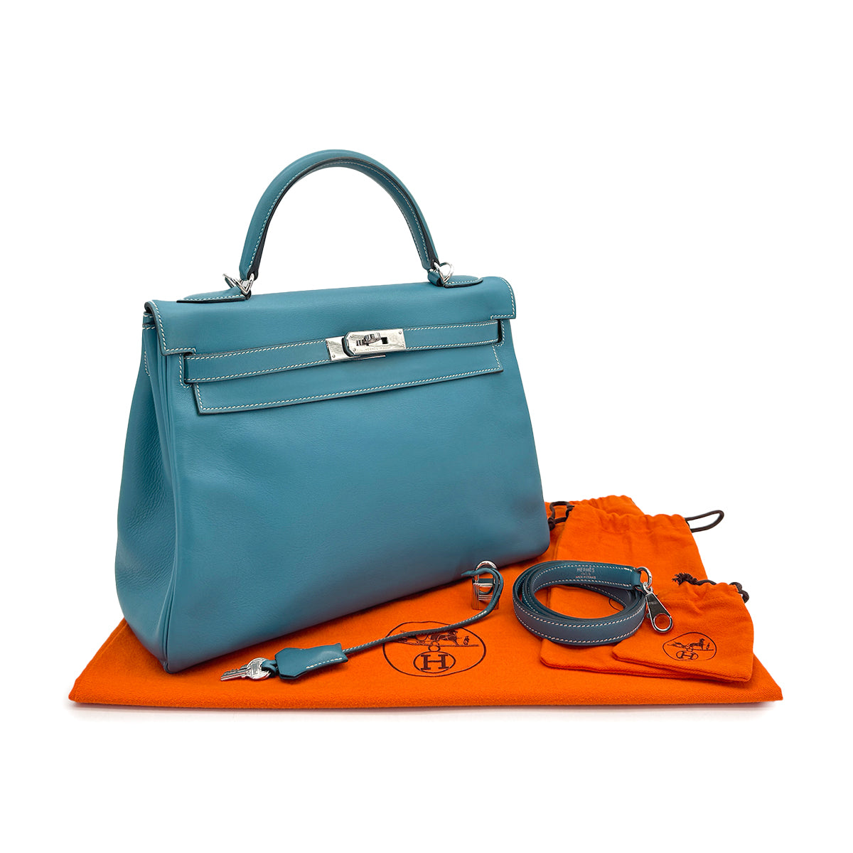 HERMES KELLY 32 RETOURNE BLUE JEAN EVERCOLOR HAND SHOULDER BAG 2005 SQUARE I PALLADIUM HARDWARE 90310272 - PURPOSE