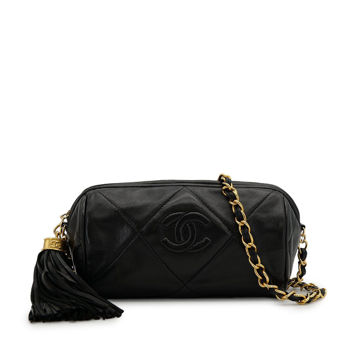 CHANEL VINTAGE MATELASSE FRINGE CHAIN SHOULDER BAG BLACK LAMB SKIN 90310299 - PURPOSE