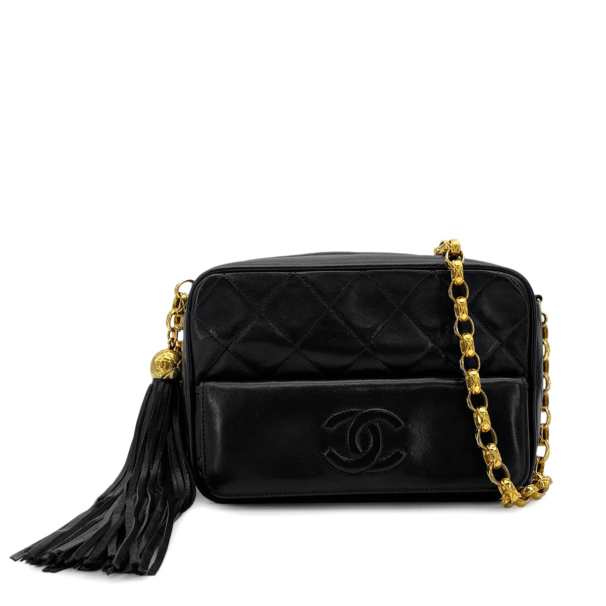 VINTAGE CHANEL COCO BALL MATELASSE BIJOU CHAIN SHOULDER BAG FRINGE BLACK LAMB SKIN GOLD HARDWARE 90310300