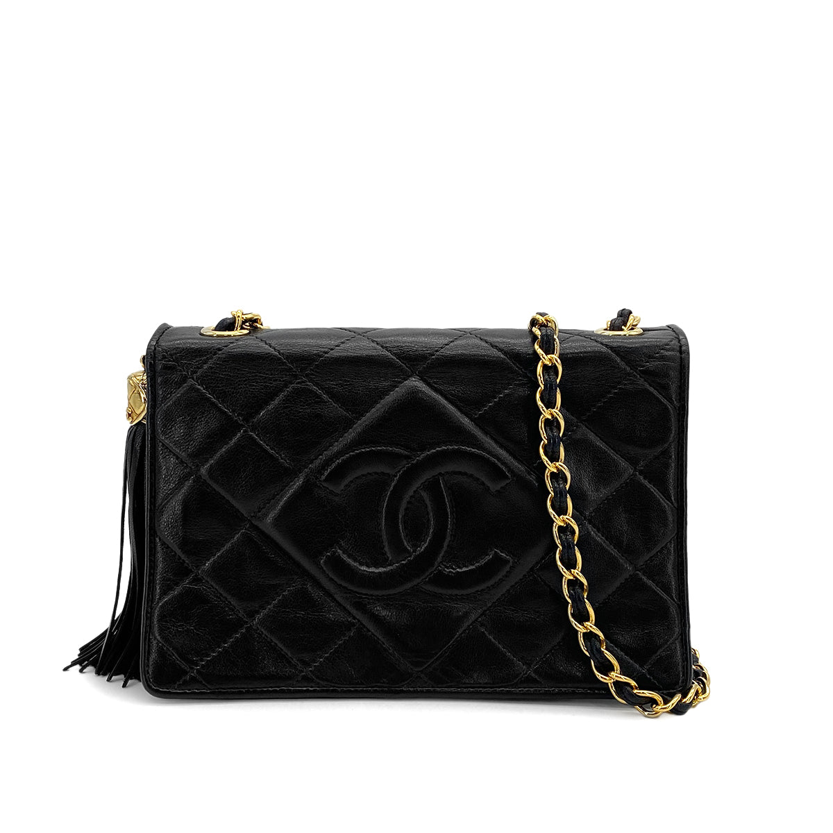 VINTAGE CHANEL MATELASSE FRINGE CHAIN SHOULDER BAG BLACK LAMB SKIN GOLD HARDWARE 90310329