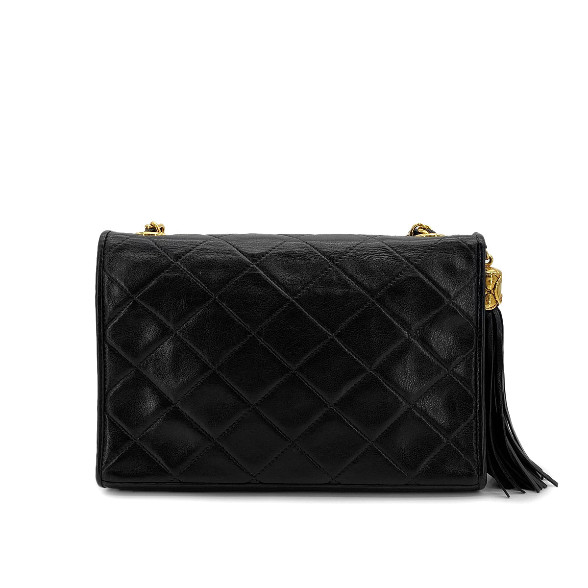 VINTAGE CHANEL MATELASSE FRINGE CHAIN SHOULDER BAG BLACK LAMB SKIN GOLD HARDWARE 90310329