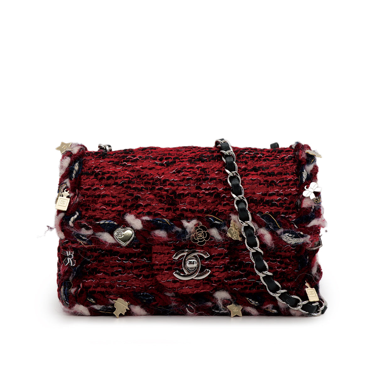 CHANEL MATELASSE CHAIN SHOULDER BAG RED TWEED ICON CHARM SILVER HARDWARE 90311044 - PURPOSE