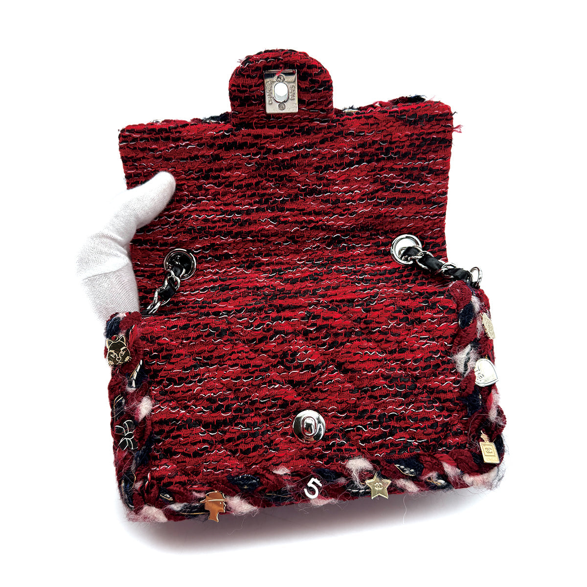 CHANEL MATELASSE CHAIN SHOULDER BAG RED TWEED ICON CHARM SILVER HARDWARE 90311044 - PURPOSE