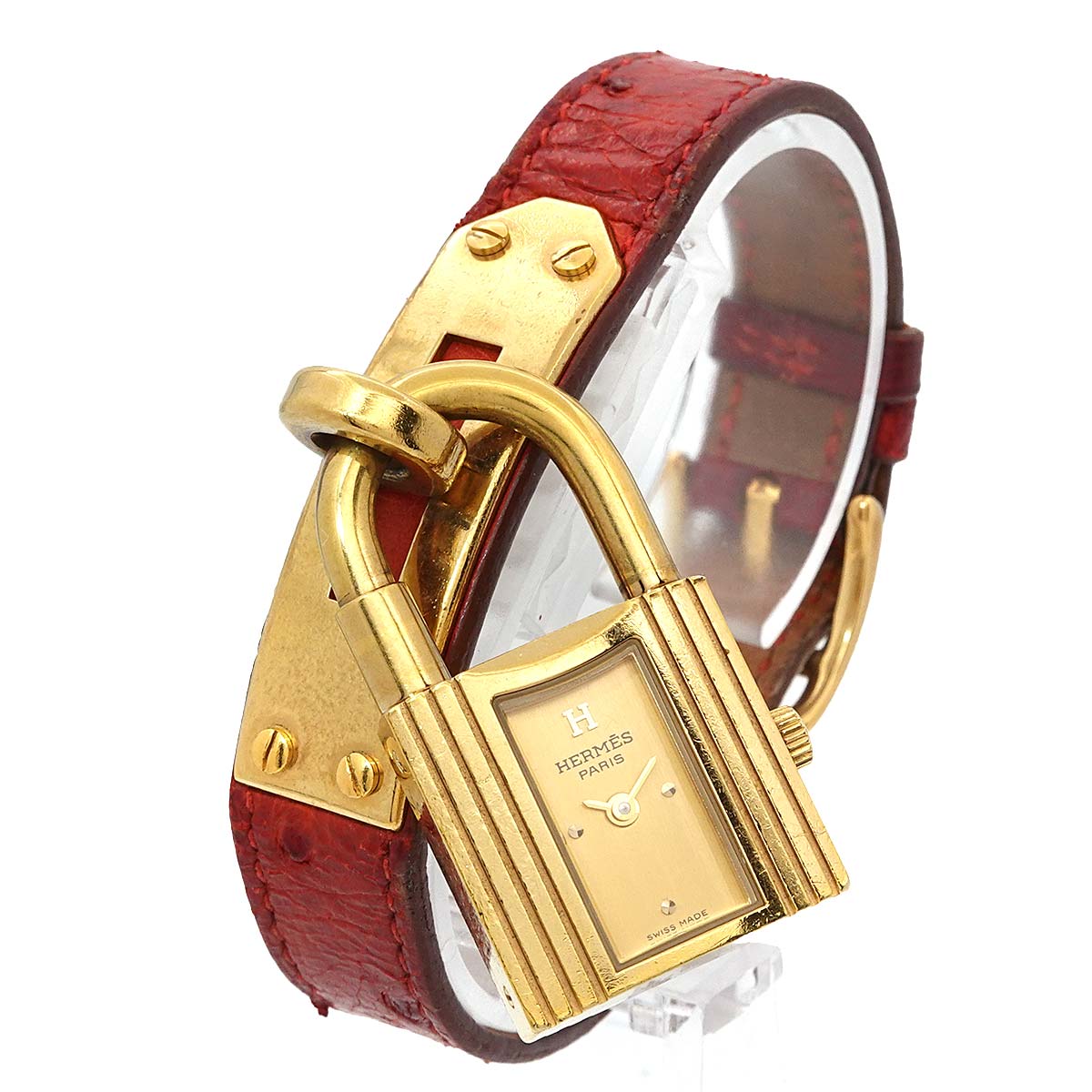 HERMES Kelly Watch, Vintage Women's Ostrich Leather, Red Gold Quartz Watch with Cadena, 90311695