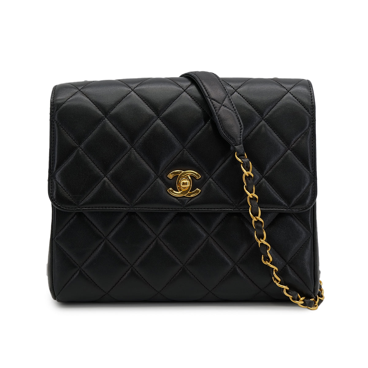 VINTAGE CHANEL MATELASSE CHAIN SHOULDER BAG BLACK LAMB SKIN GOLD HARDWARE 90314776