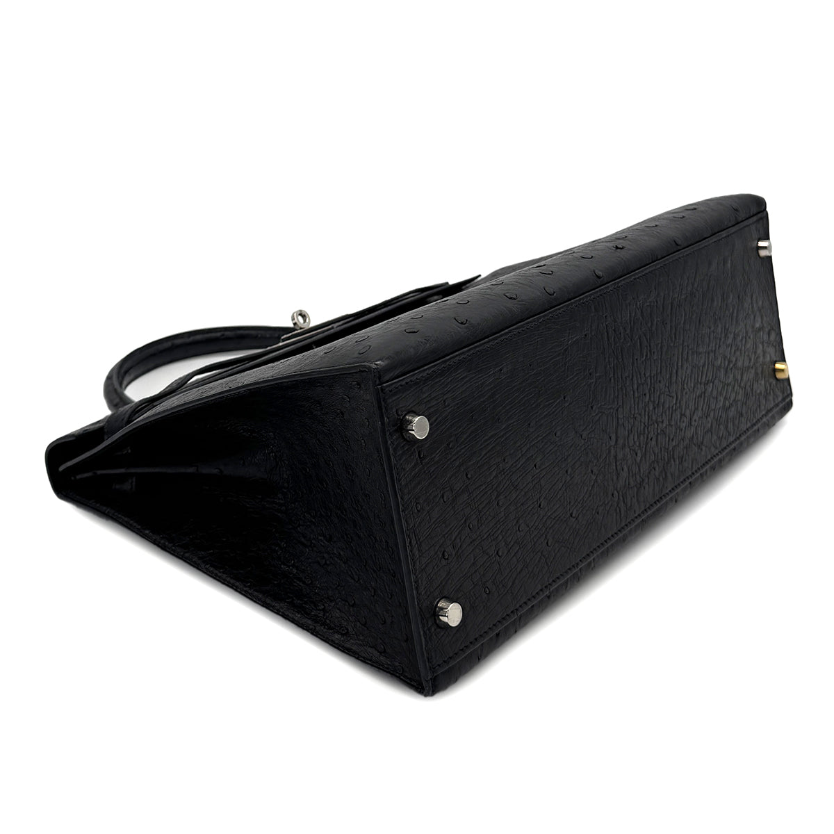 HERMES KELLY 35 SELLIER BLACK OSTRICH HAND SHOULDER BAG 1999 SQUARE C SILVER HARDWARE 90316160