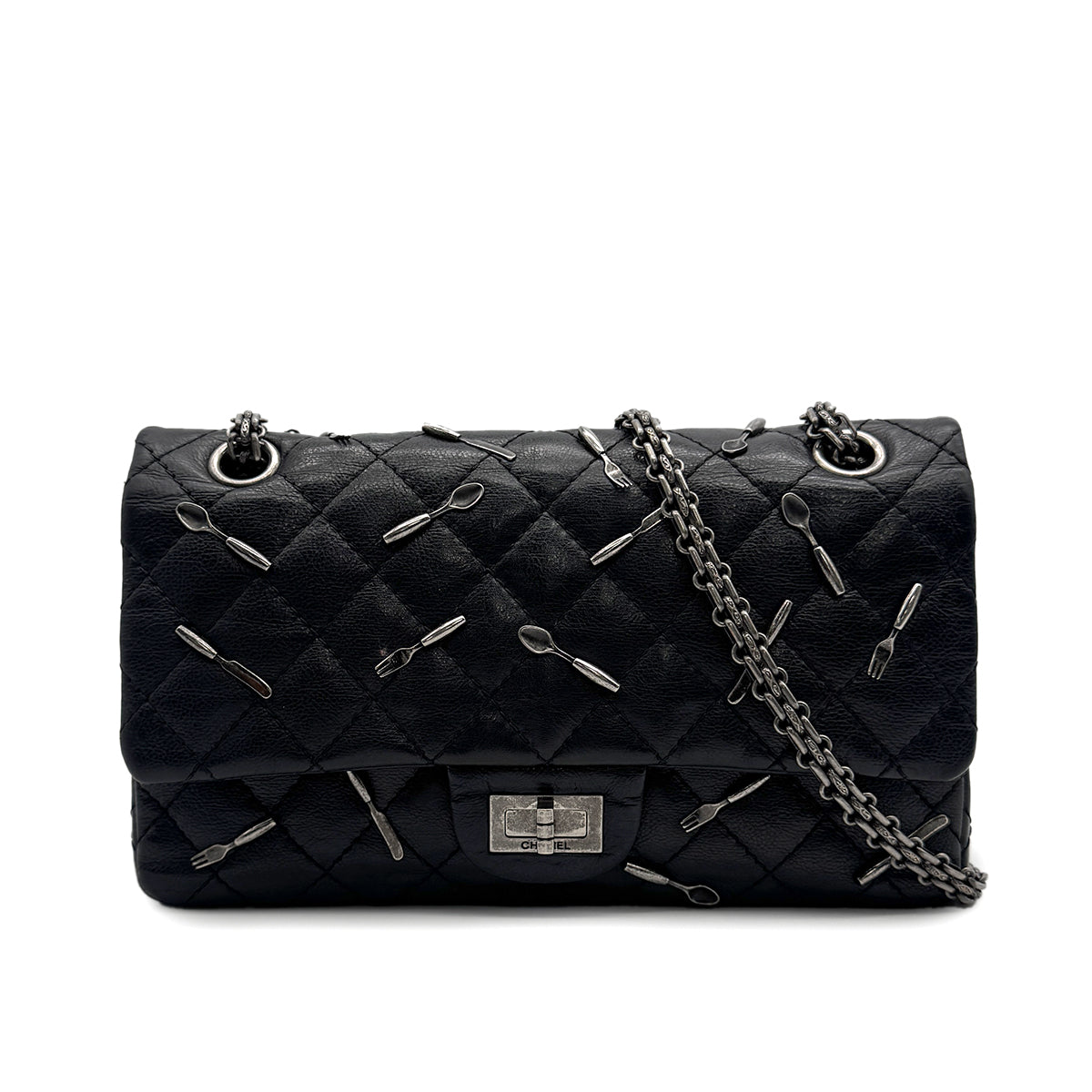 VINTAGE CHANEL 2.55 CHAIN SHOULDER BAG BLACK LEATHER CUTLERY CARM 90316165