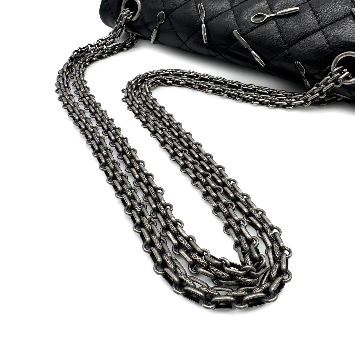 VINTAGE CHANEL 2.55 CHAIN SHOULDER BAG BLACK LEATHER CUTLERY CARM 90316165