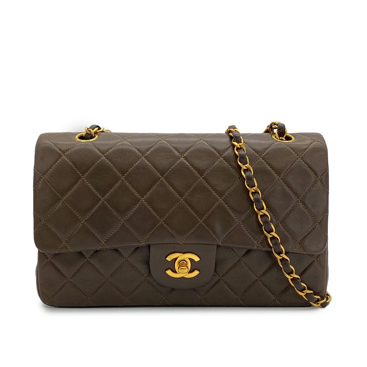 Luxury Promise Japan VINTAGE CHANEL CLASSIC FLAP MEDIUM CHAIN SHOULDER BAG KHAKI LAMB SKIN GOLD HARDWARE 90317177