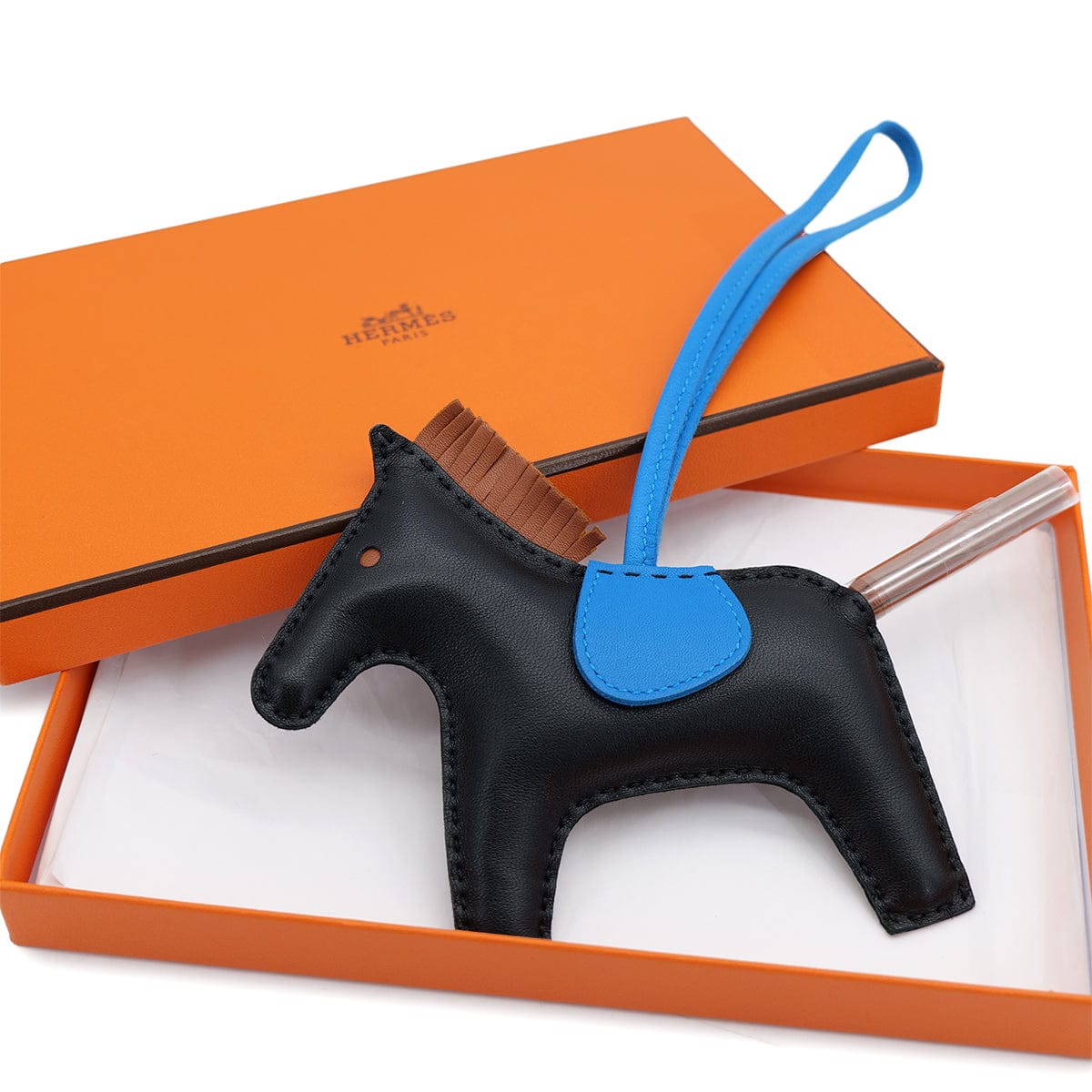 HERMES BAG CHARM RODEO MM BLACK GOLD BLEU ZANZIBAR AGNEAU MILO 2020 Y STAMP 90317783