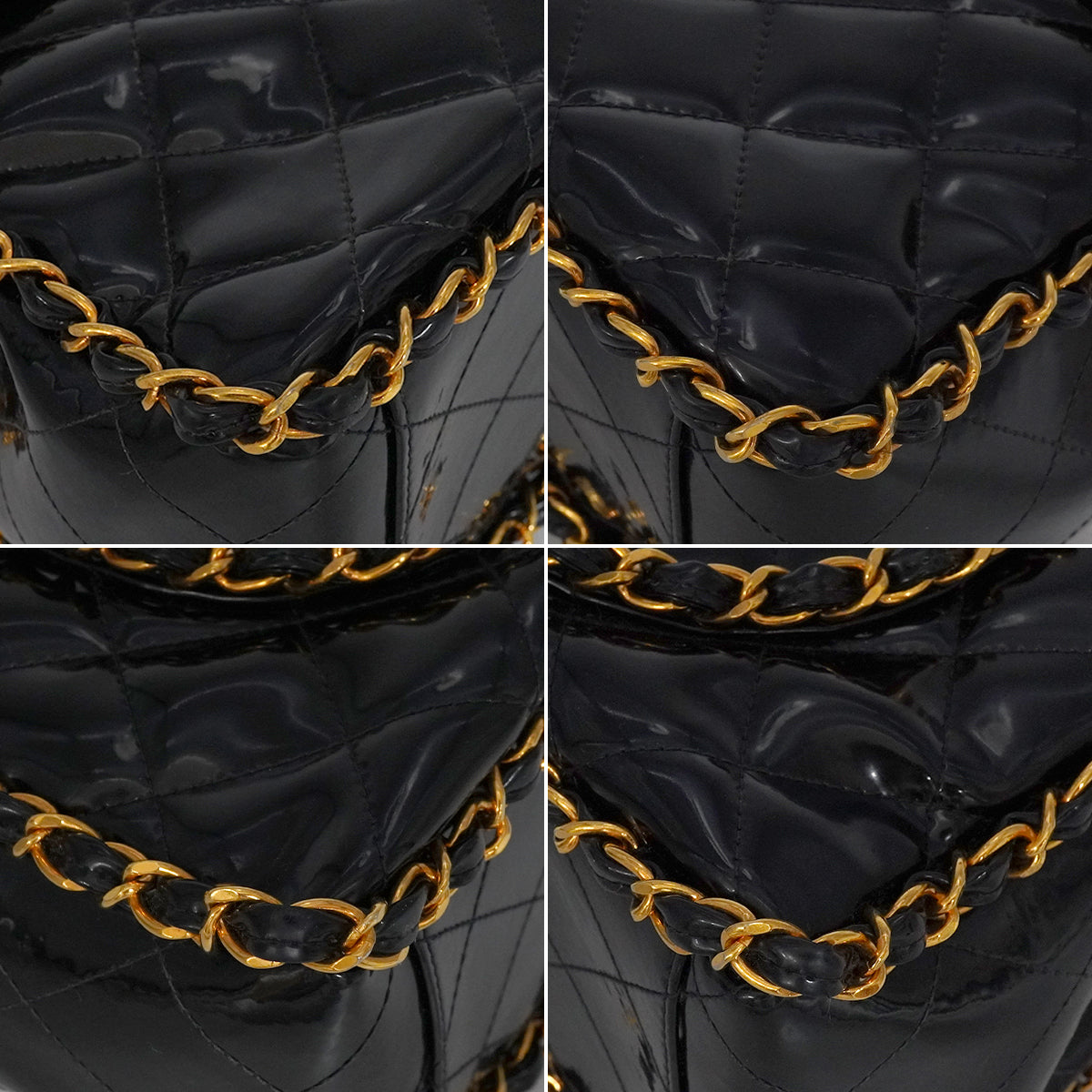 VINTAGE CHANEL MAXI MATELASSE 34 CHAIN SHOULDER BAG BLACK PATENT LEATHER GOLD HARDWARE 90318756
