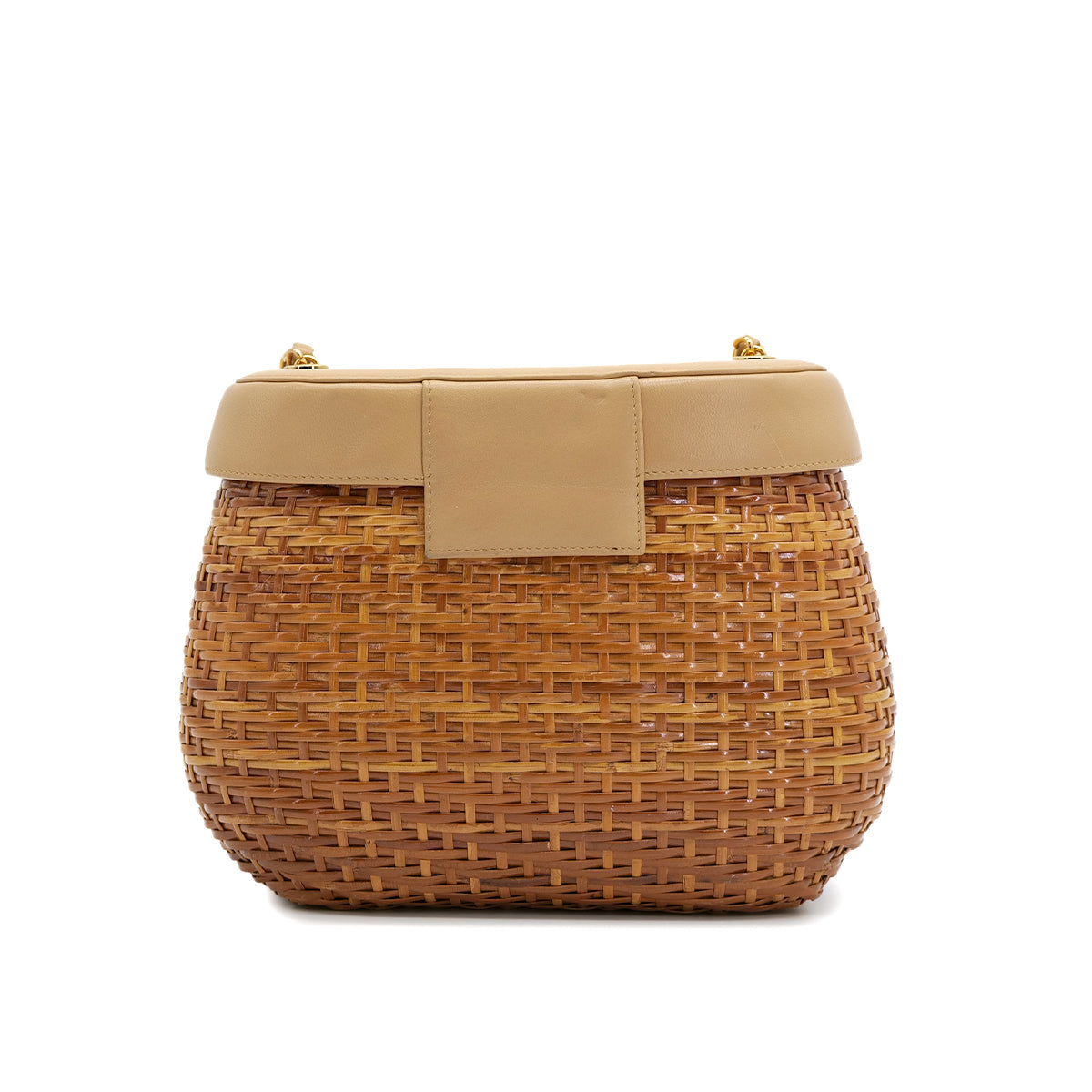 VINTAGE CHANEL COCOMARK TURN LOCK BASKET CHAIN SHOULDER BAG BEIGE RATTAN LAMB SKIN GOLD HARDWARE 90321145