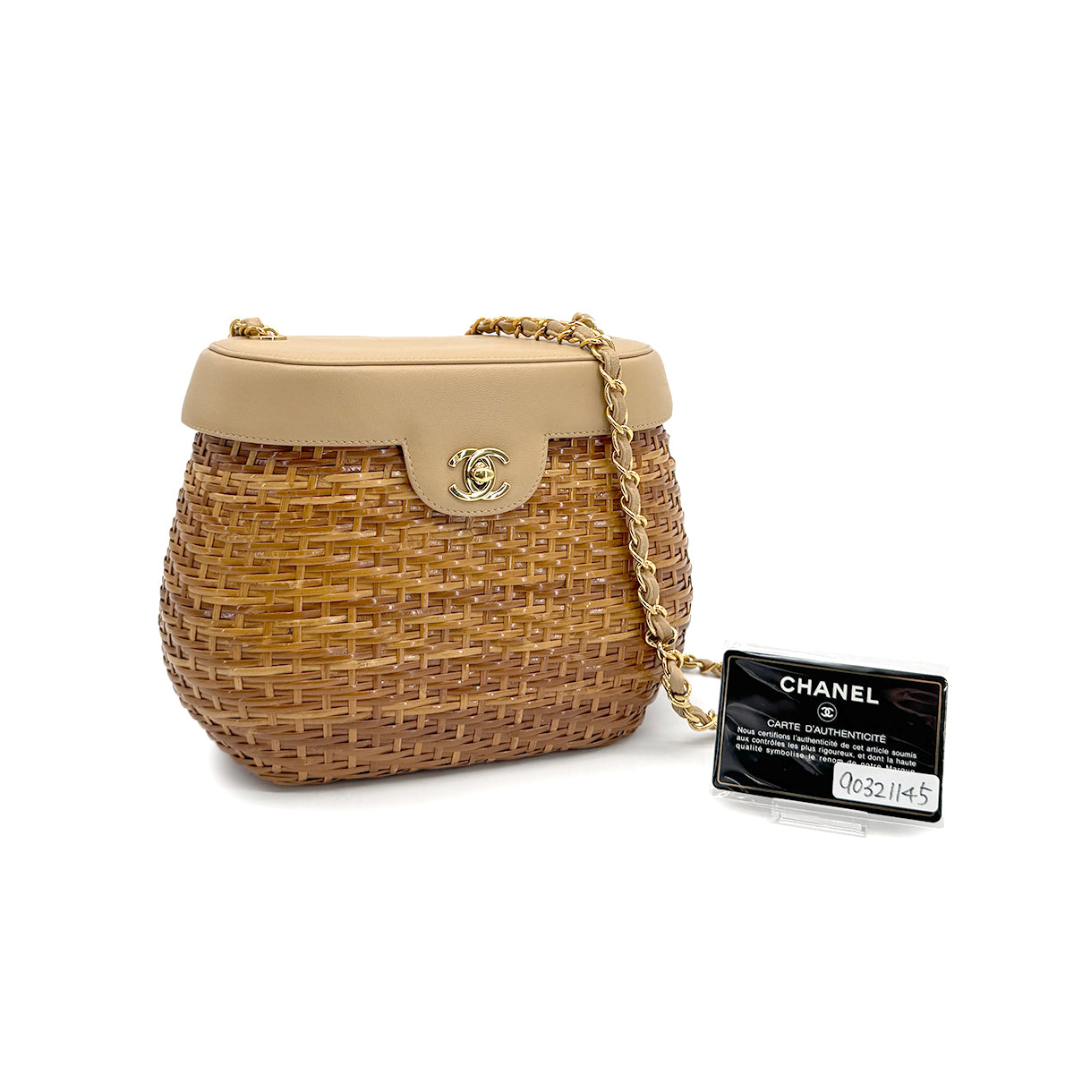 VINTAGE CHANEL COCOMARK TURN LOCK BASKET CHAIN SHOULDER BAG BEIGE RATTAN LAMB SKIN GOLD HARDWARE 90321145
