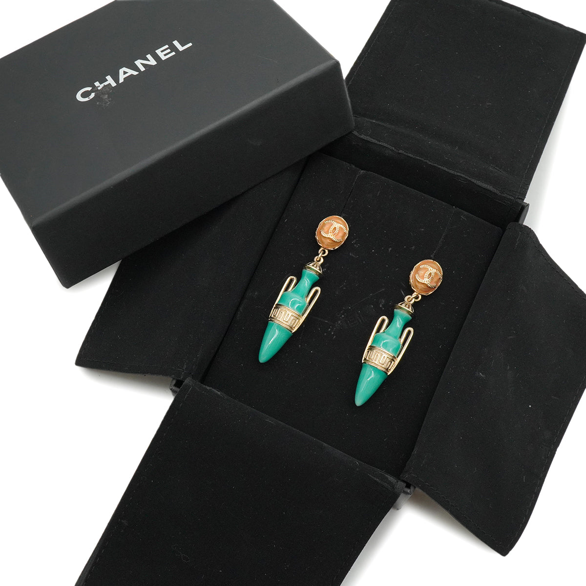 CHANEL EARRINGS AMPHORA MOTIF COCOMARK SWING GOLD GREEN ACCESSORY 18C 90343245