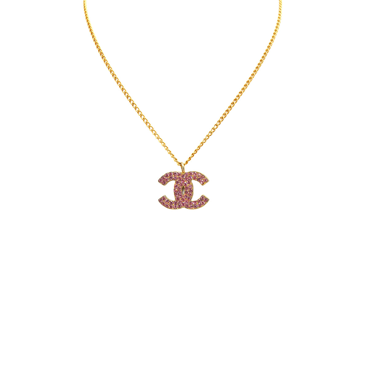 VINTAGE CHANEL COCOMARK PINK RHINESTONE NECKLACE GOLD ACCESSORY 00A 90345094