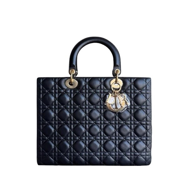DIOR LADY LARGE - CANNAGE LAMBSKIN BLACK GOLD HARDWARE NO STRAP SYCMDA134