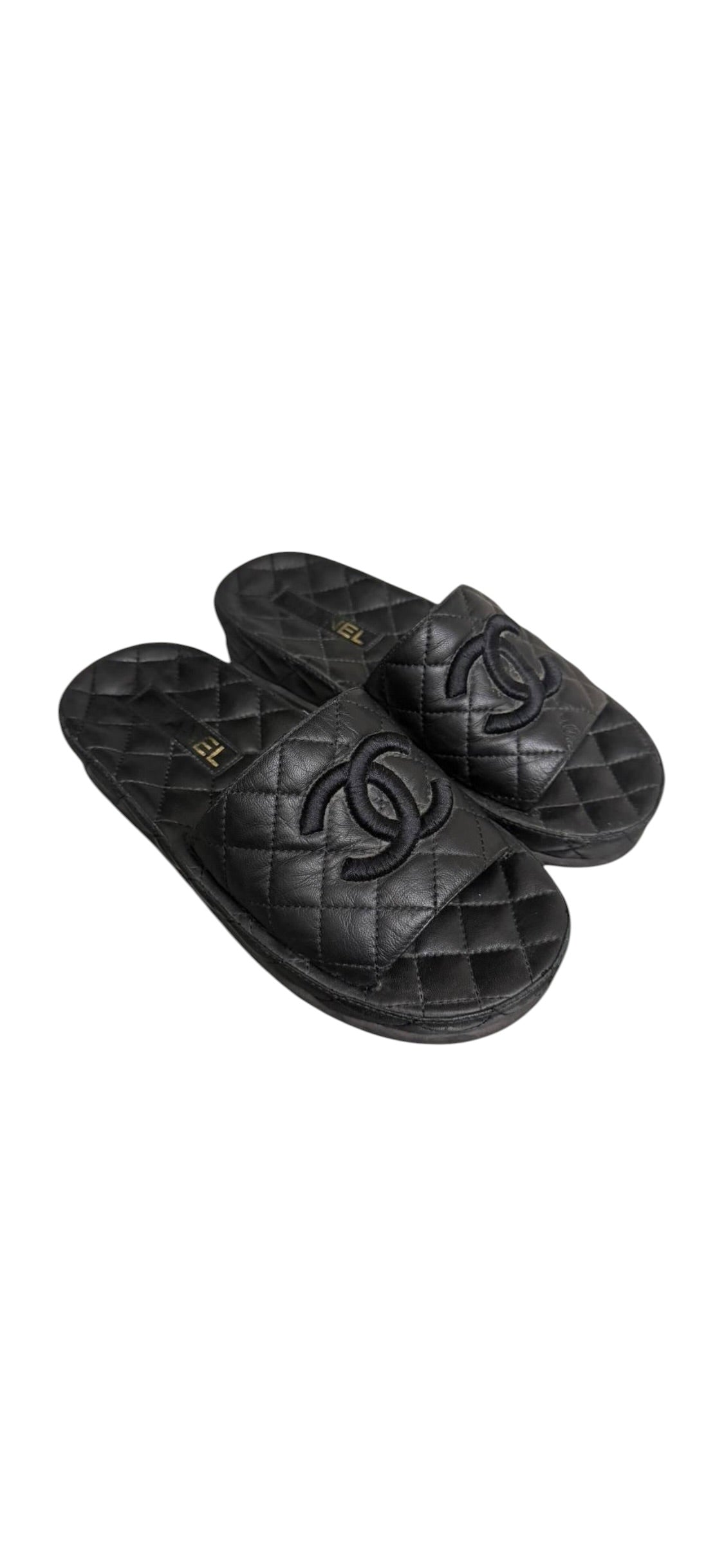 Chanel Quilted Lambskin Platform Slides Black Sz37 DLT8201