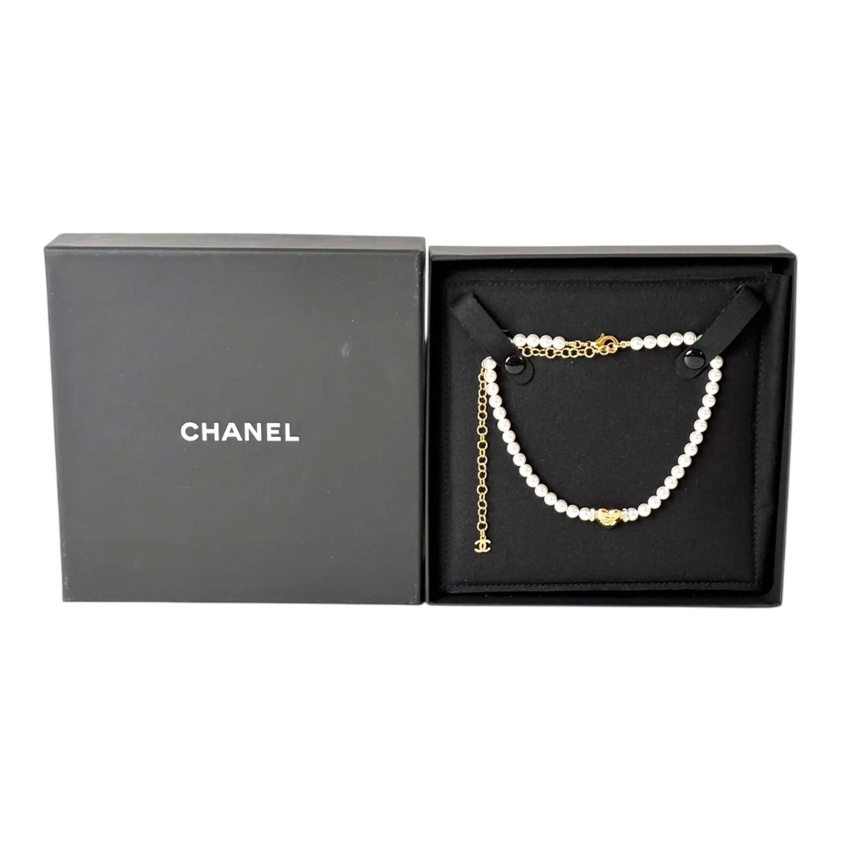 Chanel 24P Gold Heart with Pearl Necklace in Box
