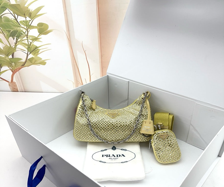 Prada Yellow Crystal Embellished Satin Re-Edition Shoulder Bag 22956262