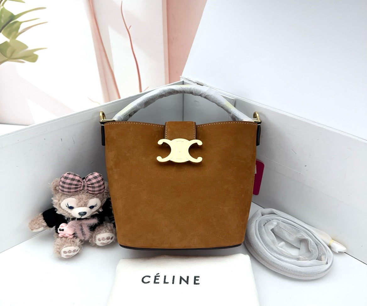 Celine Tan Suede Leather Small Triomphe Bucket Bag 17211000