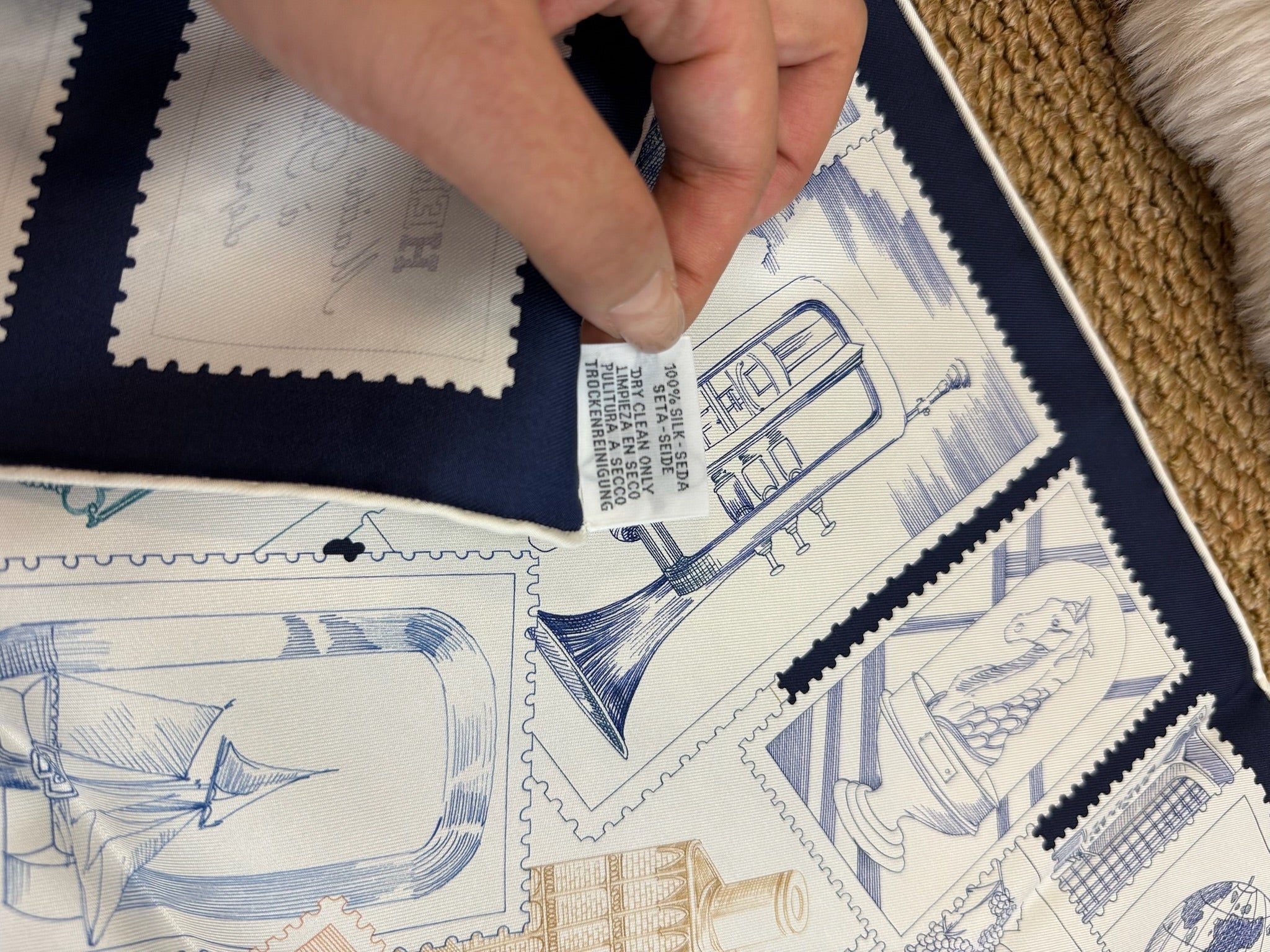 Hermès “Fubao Philatelic” 90cm Silk Scarf – Navy Blue / White – 100% Silk – Hand-rolled Edge